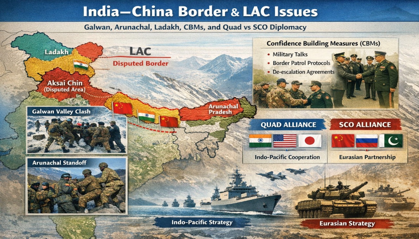India–China Border & LAC Issues: Galwan, Arunachal, Ladakh, CBMs, and Quad vs SCO Diplomacy